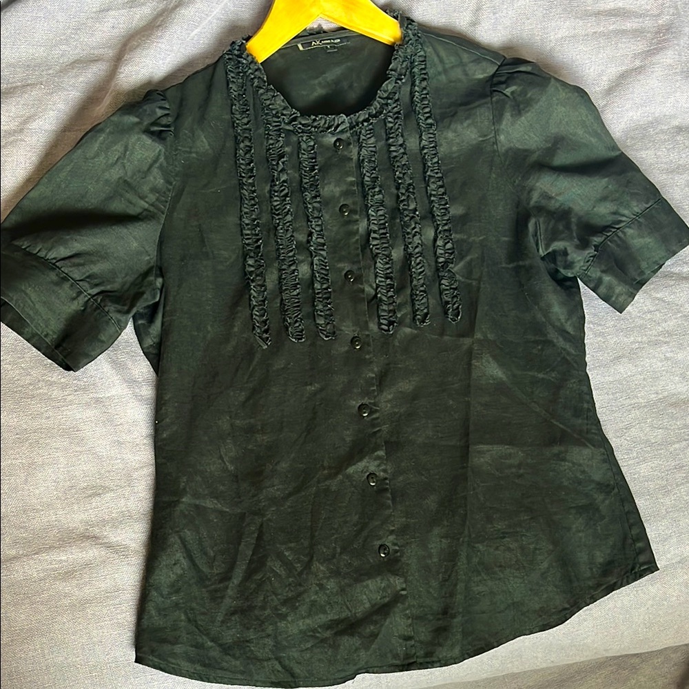 Anne Klein Black Linen Puffed Sleeve Blouse